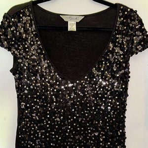 Deep V Neck Black Blouse With Sequin Overlay